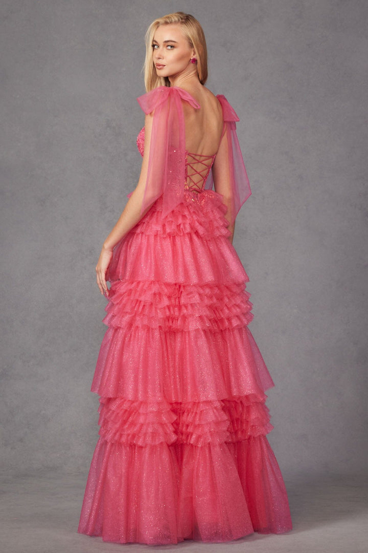 Applique Sleeveless A-line Ruffled Slit Gown by Juliet JT2465A