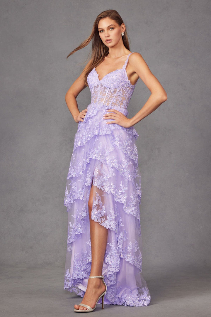 Applique Sleeveless A-line Tiered Slit Gown by Juliet JT2463A
