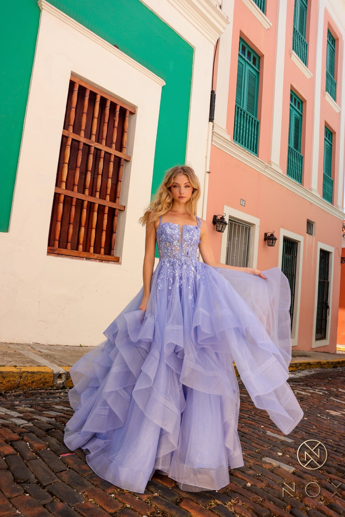 Applique Sleeveless Layered Gown by Nox Anabel H1351 – ABC Fashion