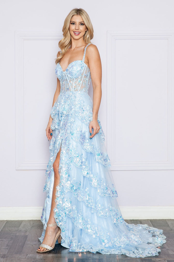 Applique Sleeveless Layered Slit Gown by Poly USA 9410