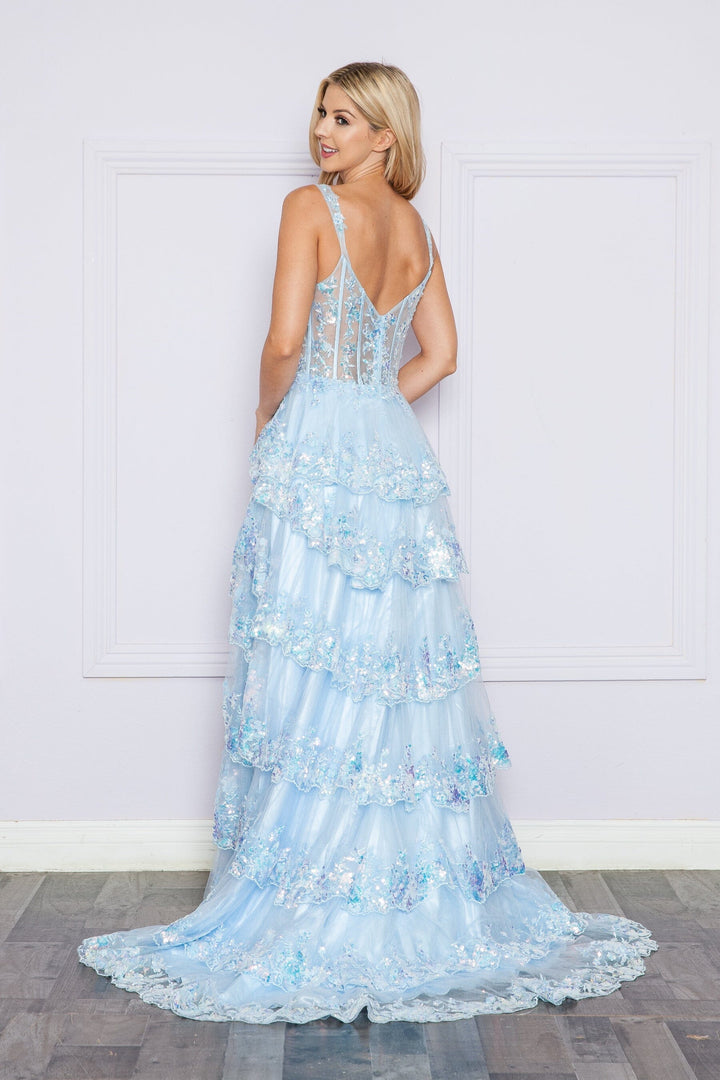 Applique Sleeveless Layered Slit Gown by Poly USA 9410