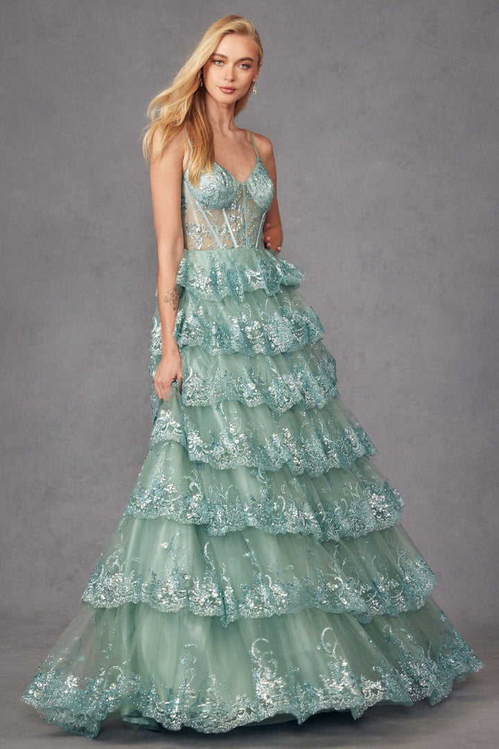 Applique Sleeveless Tiered Gown by Juliet JT2454K