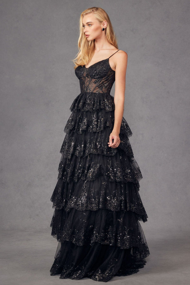 Applique Sleeveless Tiered Gown by Juliet JT2454K