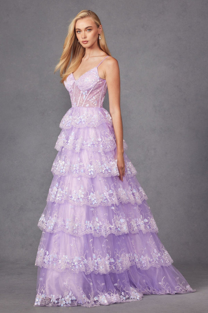 Applique Sleeveless Tiered Gown by Juliet JT2454K