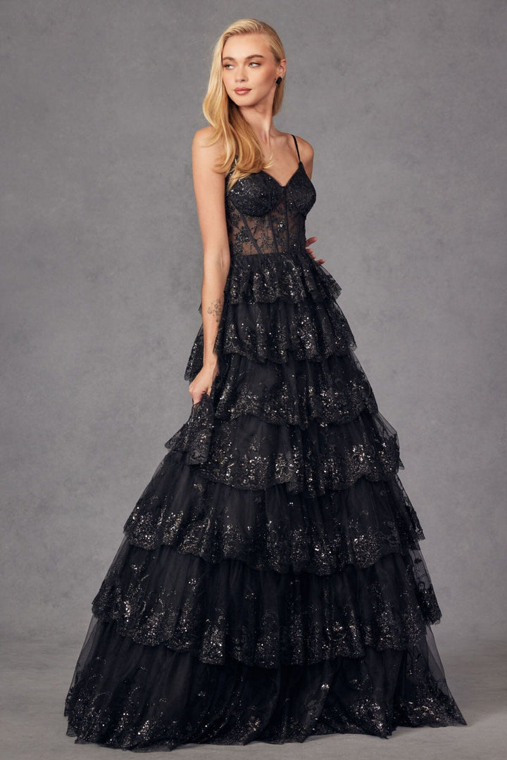 Applique Sleeveless Tiered Gown by Juliet JT2454K