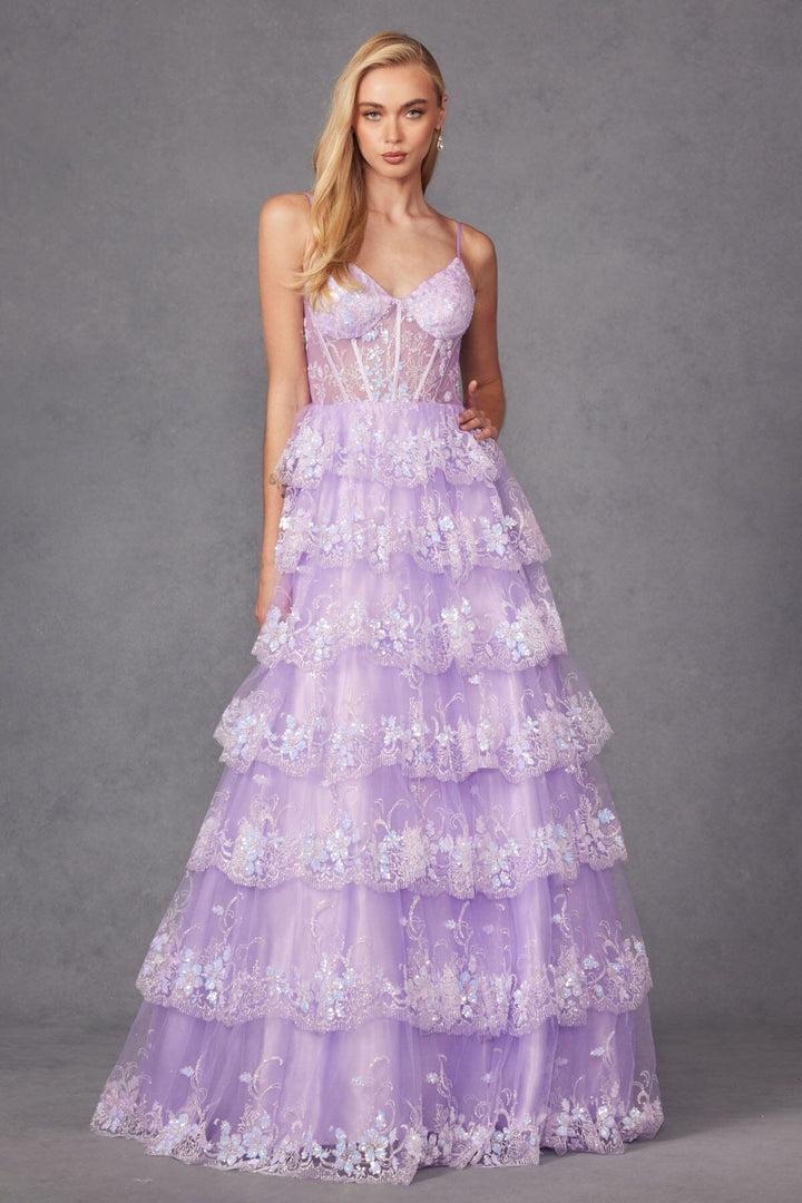 Applique Sleeveless Tiered Gown by Juliet JT2454K