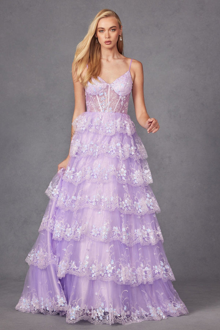 Applique Sleeveless Tiered Gown by Juliet JT2454K
