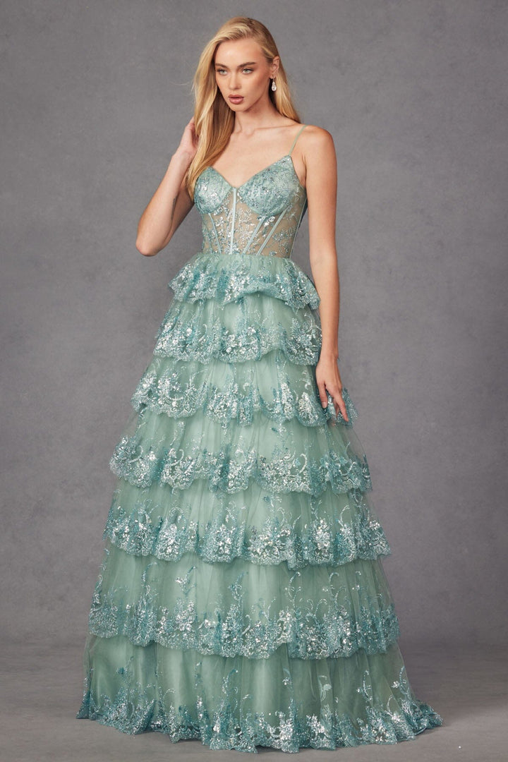 Applique Sleeveless Tiered Gown by Juliet JT2454K