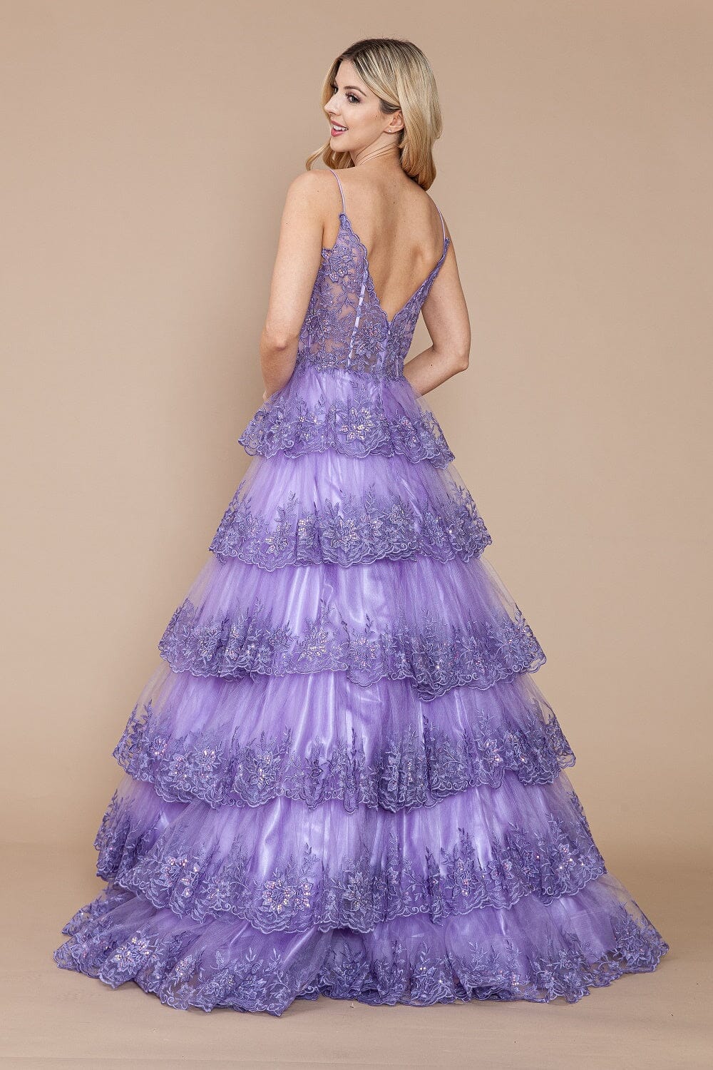 Applique Sleeveless Tiered Layered Gown by Poly USA 9402 S / Lavender
