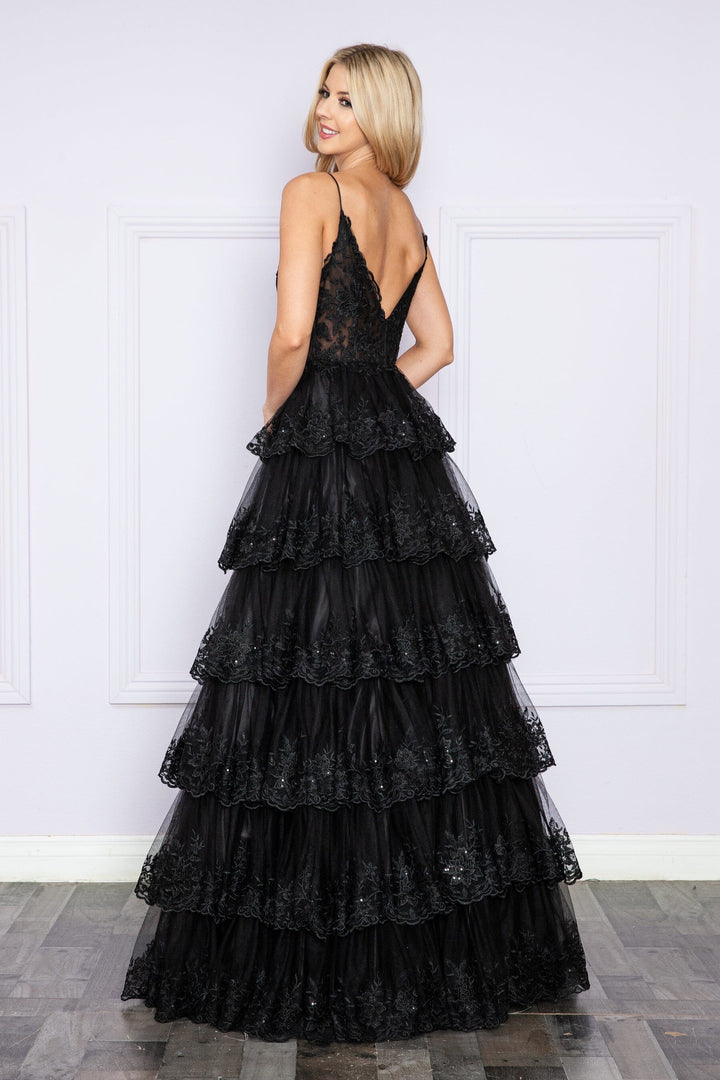 Applique Sleeveless Tiered Layered Gown by Poly USA 9402