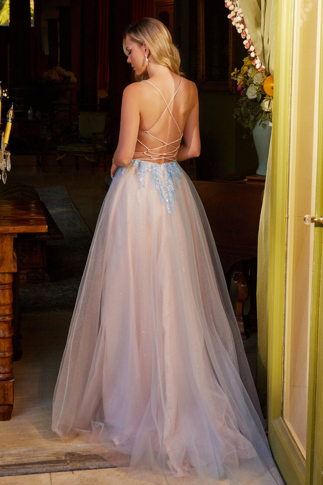 Applique Sleeveless Two-Tone Gown by GLS Gloria GL3251 XL / Blue/Peach Applique Sleeveless Two-Tone Gown by GLS Gloria GL3251 XL / Blue/Peach