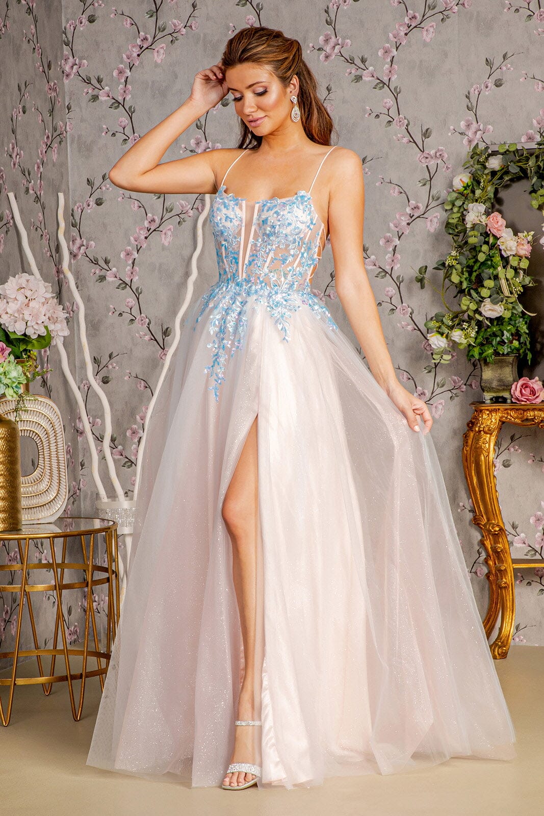 Applique Sleeveless Two-Tone Gown by GLS Gloria GL3251 XL / Blue/Peach Applique Sleeveless Two-Tone Gown by GLS Gloria GL3251 XL / Blue/Peach