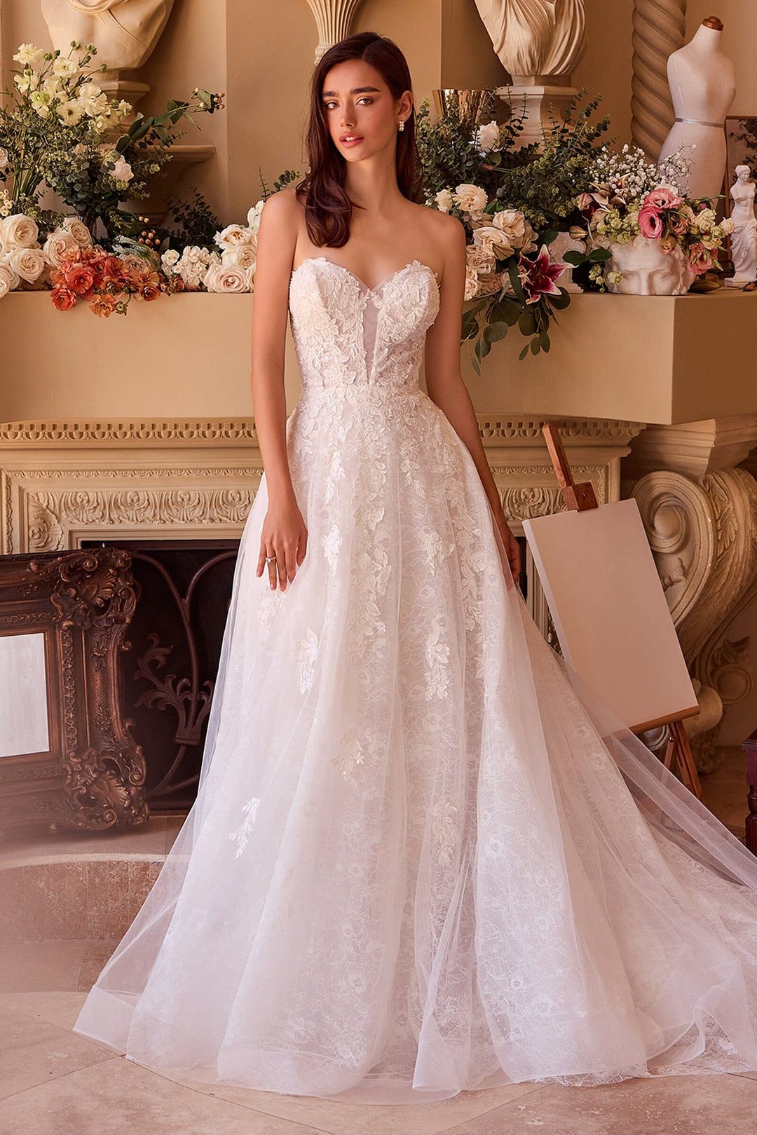 floral lace applique dress Stunning Fitted Floral Lace Applique With Tulle Glitter Overskirt Brides Dress