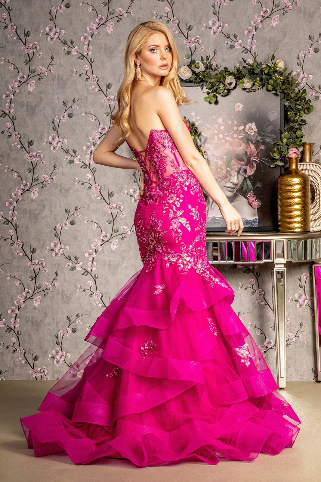 Applique Strapless Tiered Mermaid Dress by GLS Gloria GL3216 XL / Magenta Applique Strapless Tiered Mermaid Dress by GLS Gloria GL3216 XL / Magenta