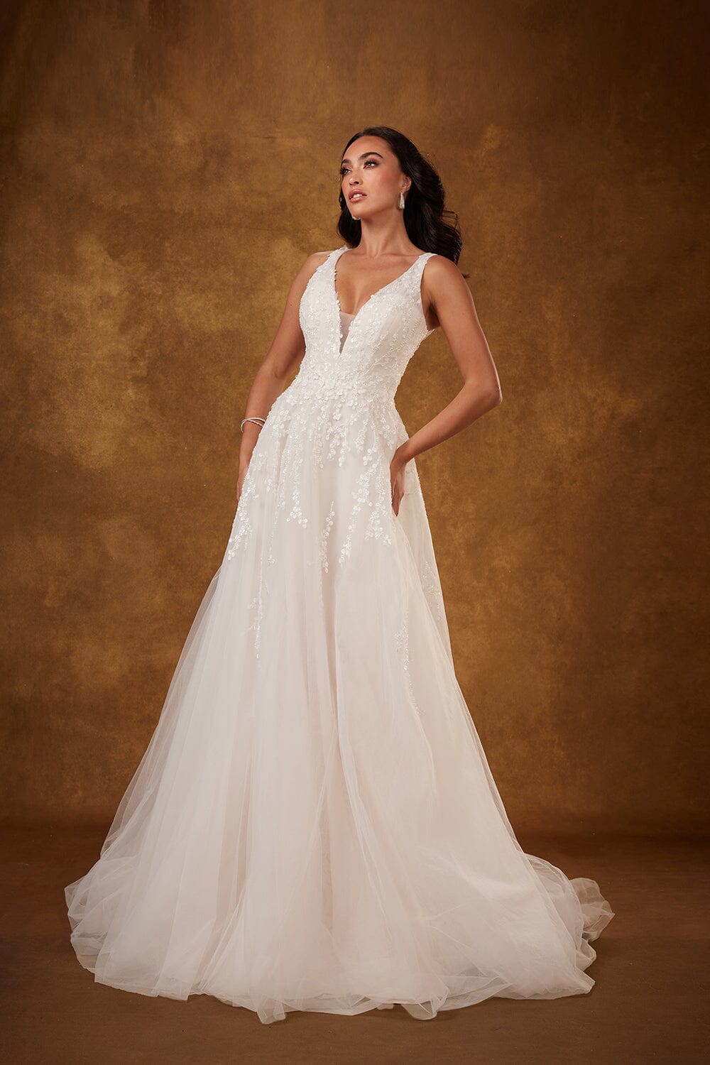 Applique Tulle V-Neck Bridal Gown by Abby Lane 97225 6 / Ivory/Champagne Applique Tulle V-Neck Bridal Gown by Abby Lane 97225 6 / Ivory/Champagne