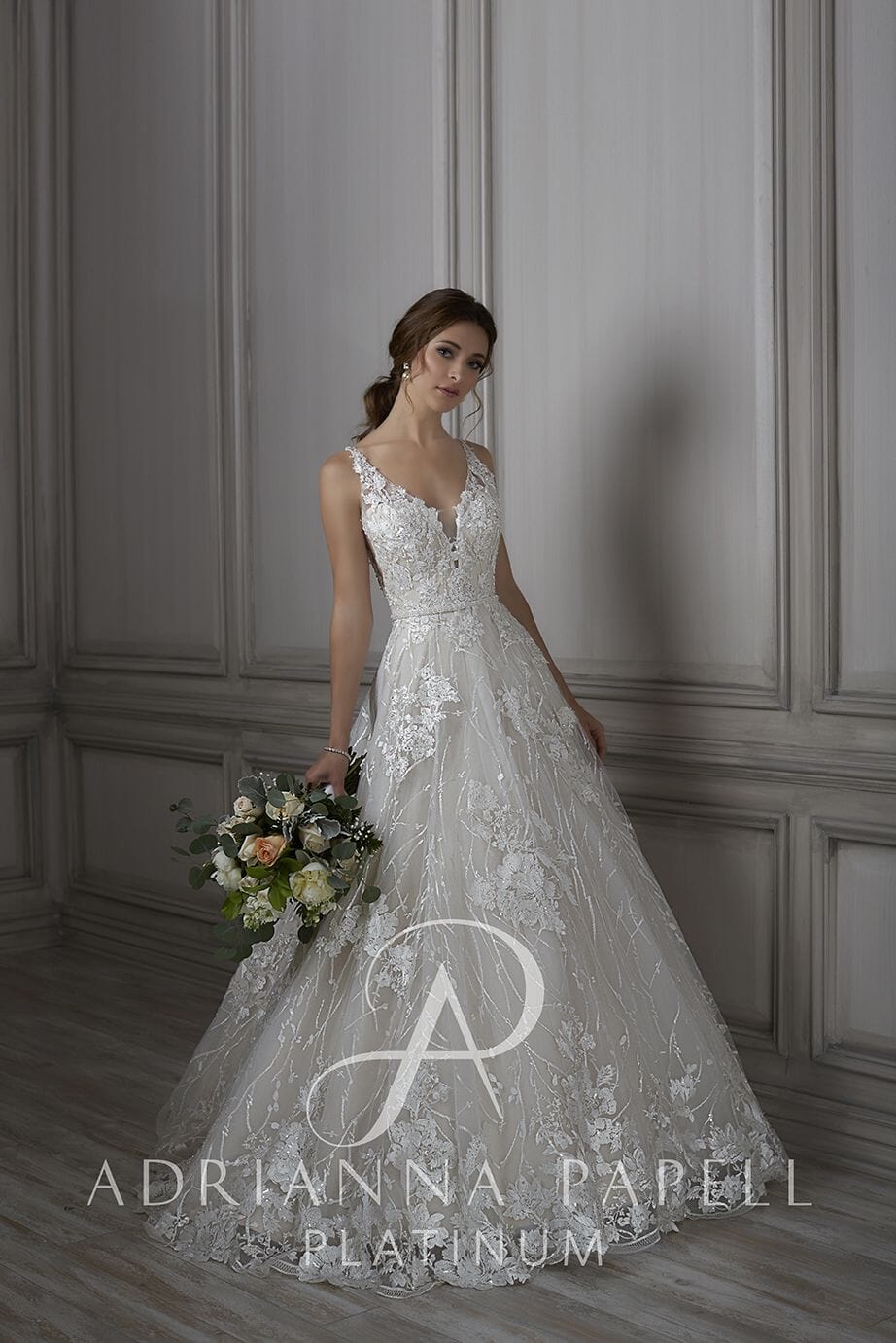 Applique V Neck Wedding Dress by Adrianna Papell 31076 Louisa