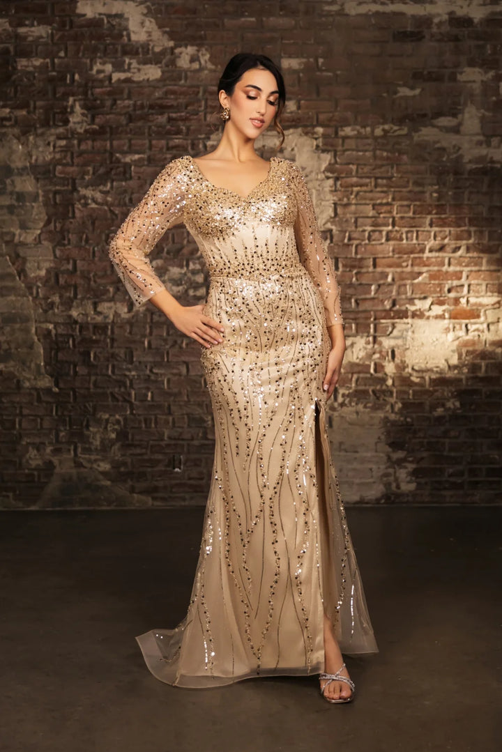 Beaded Long Sleeve Slit Gown by May Queen RQ8174