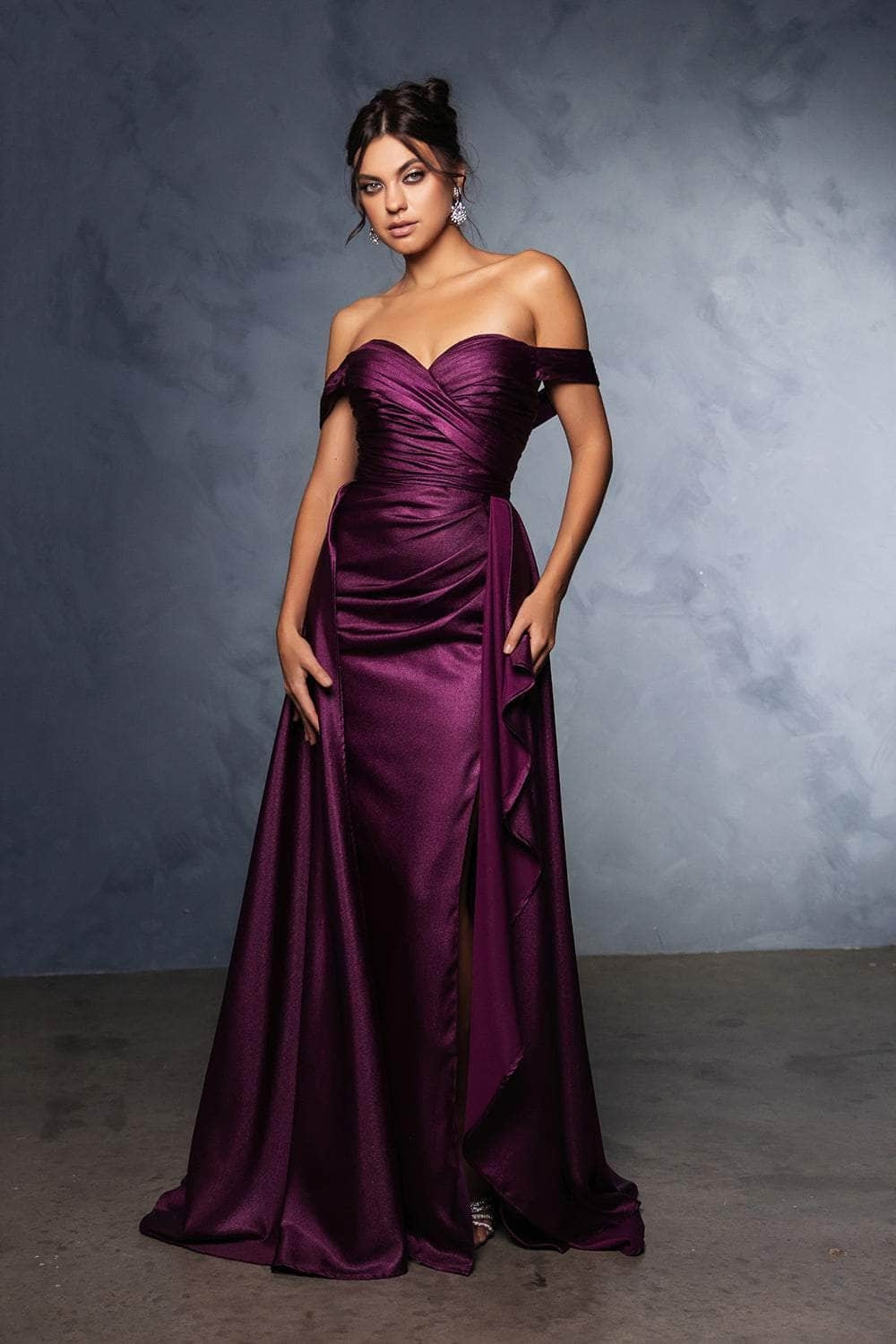 Taffeta Off Shoulder Slit Gown by May Queen MQ2056