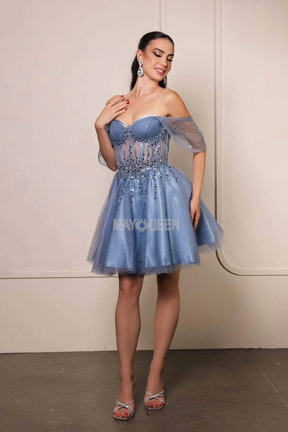 Beaded Short Off Shoulder Dress by May Queen MQ2147