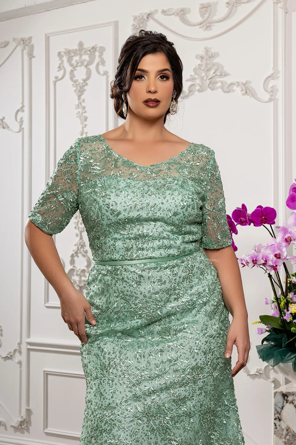 Applique Fitted Short Sleeve Gown by May Queen RQ8246