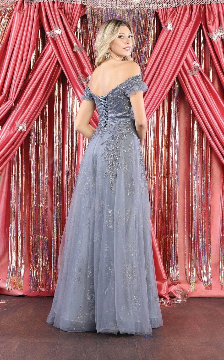 Applique Off Shoulder Gown by May Queen MQ1867