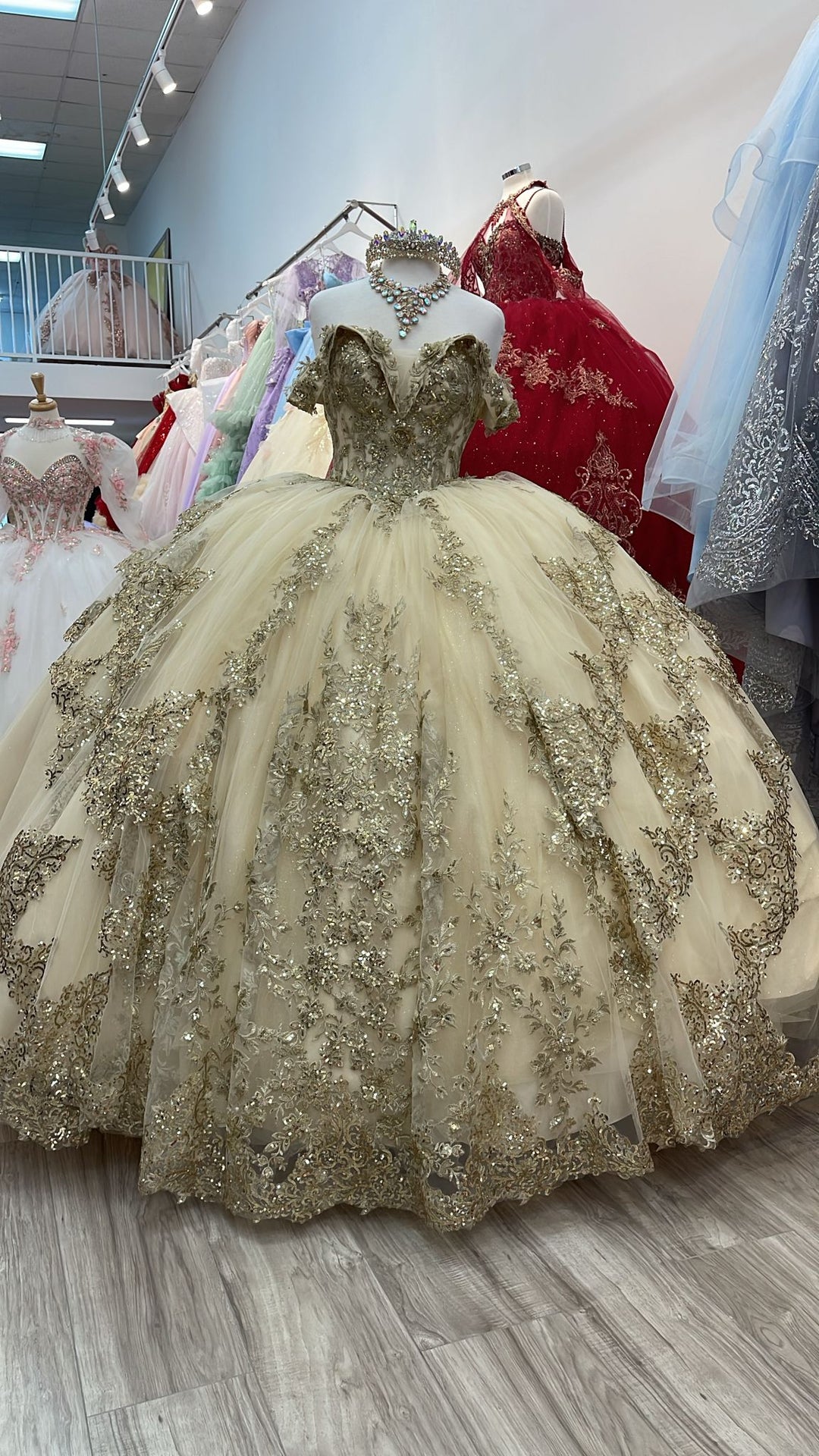 Applique Off Shoulder Corset Ball Gown by Petite Adele PQ1055