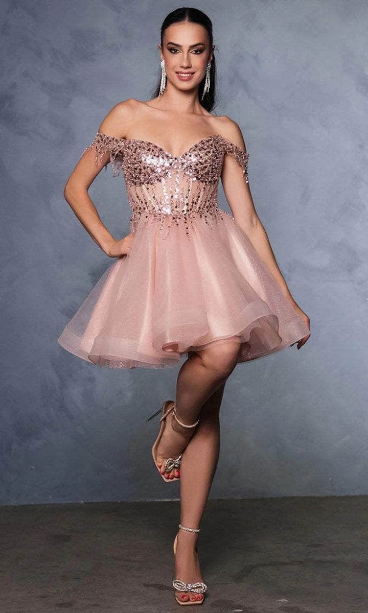 Short Off Shoulder Fringe Dress by May Queen MQ2129