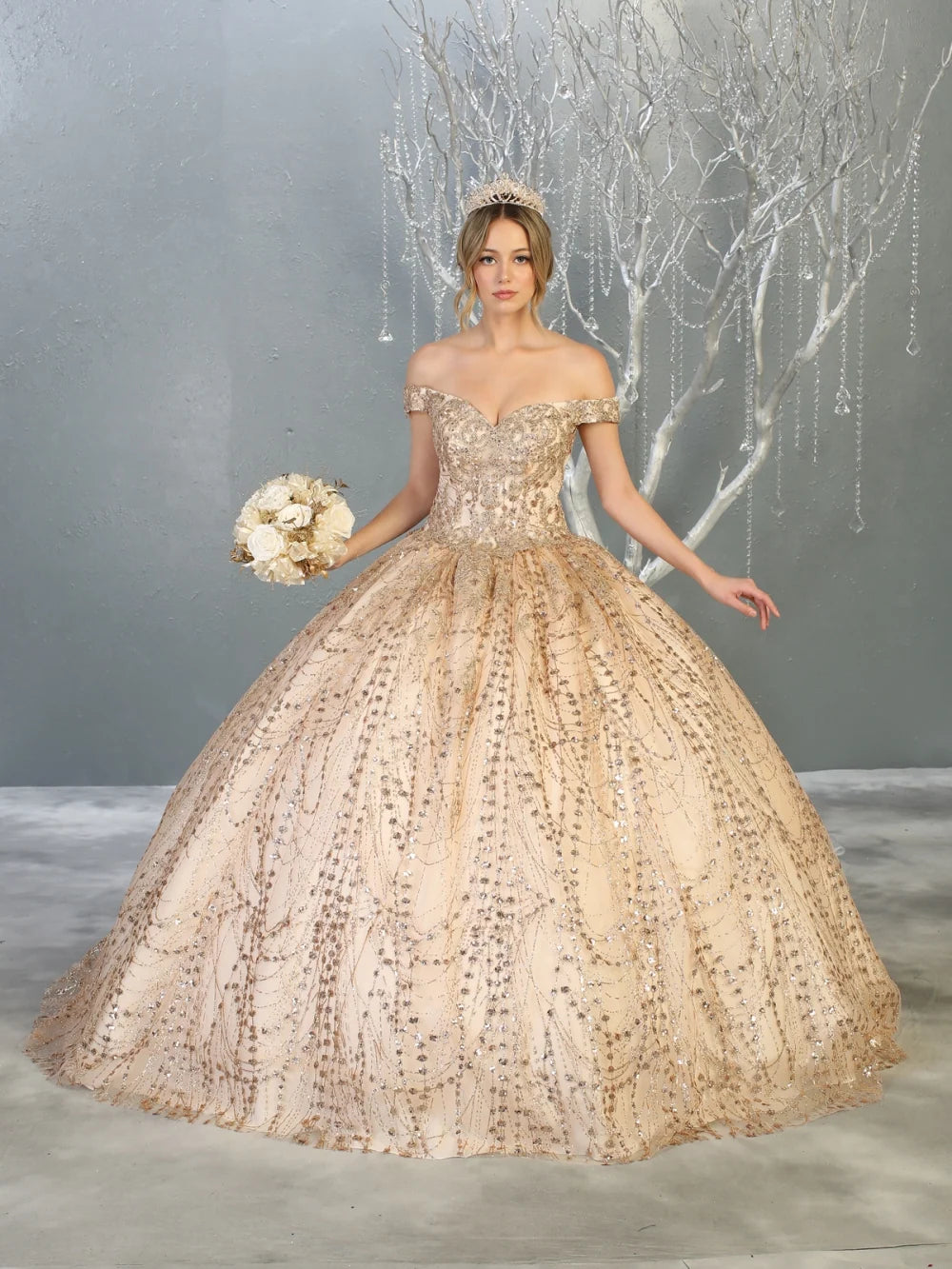 Glitter Off Shoulder Ball Gown by May Queen LK153