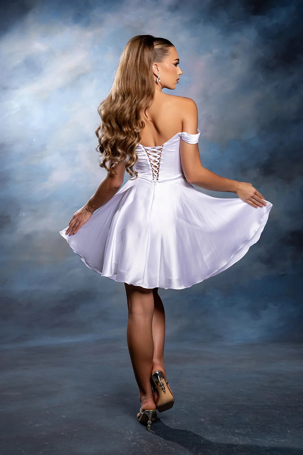 Satin Short Off Shoulder Dress by May Queen MQ2245