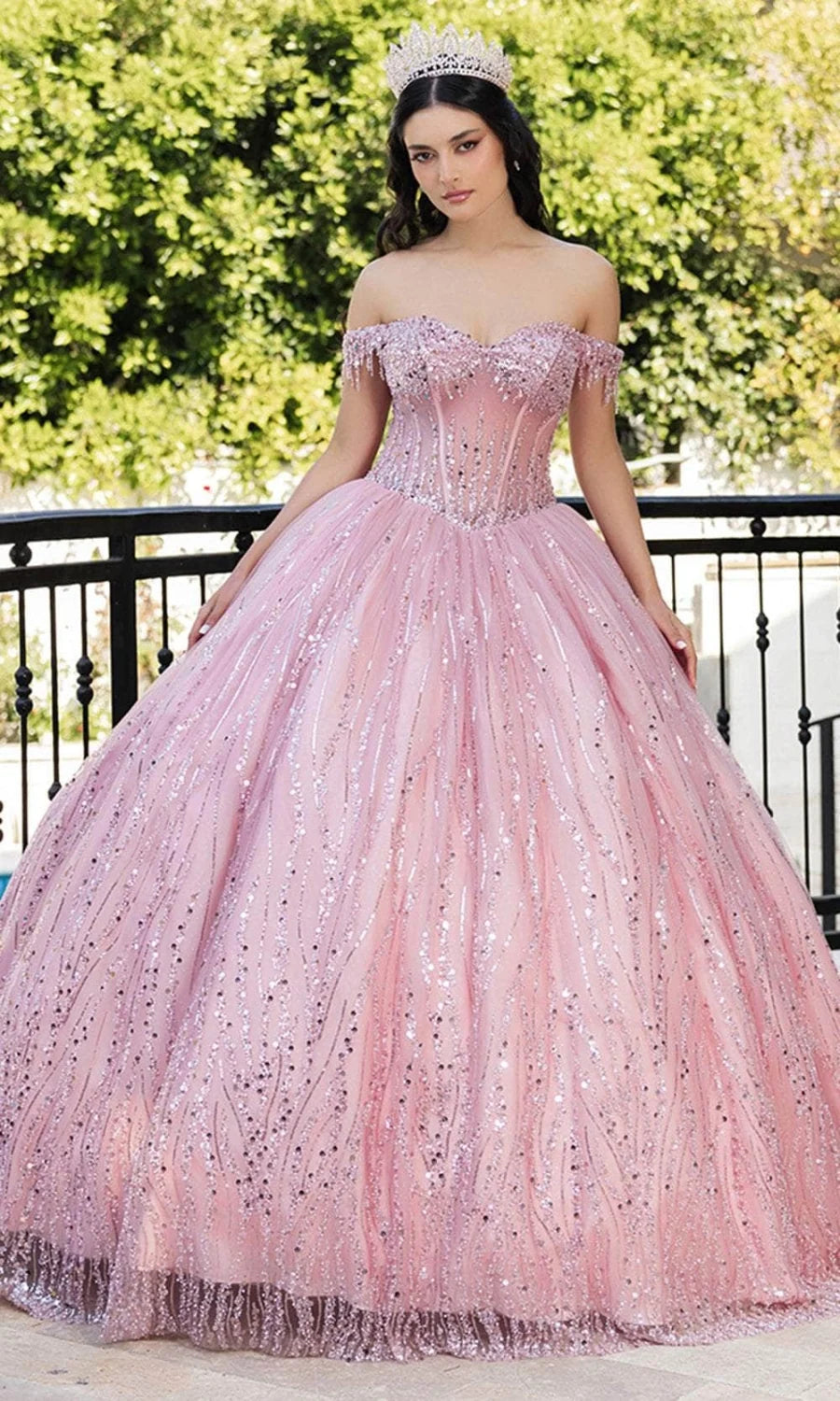 Off Shoulder Fringe Ball Gown by May Queen LK264