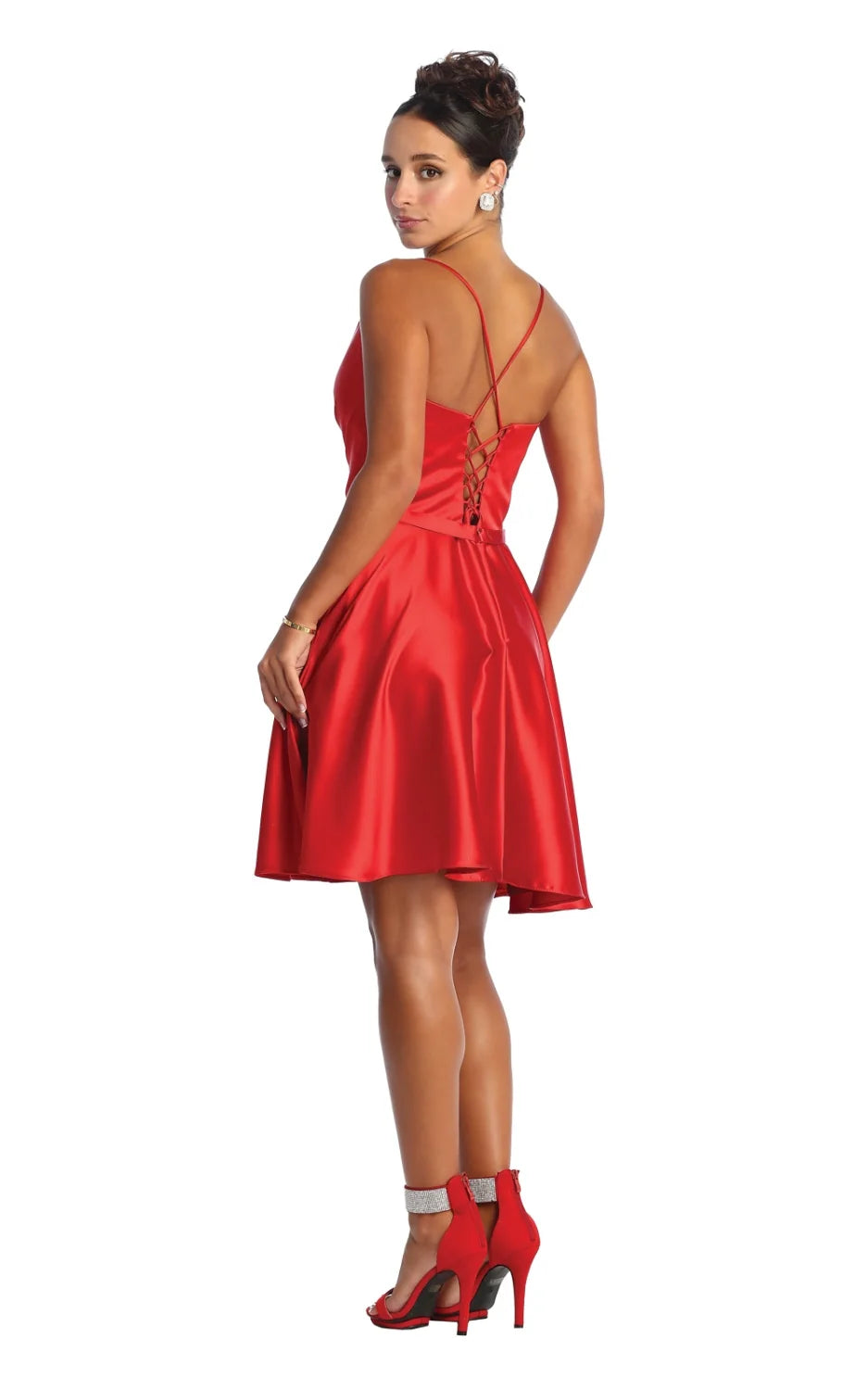 Satin Short V-Neck A-line Dress by May Queen MQ1882