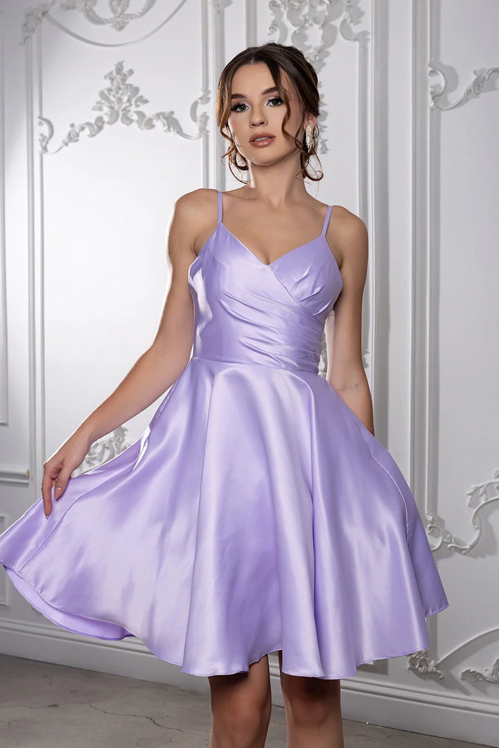 Satin Short V-Neck A-line Dress by May Queen MQ1654