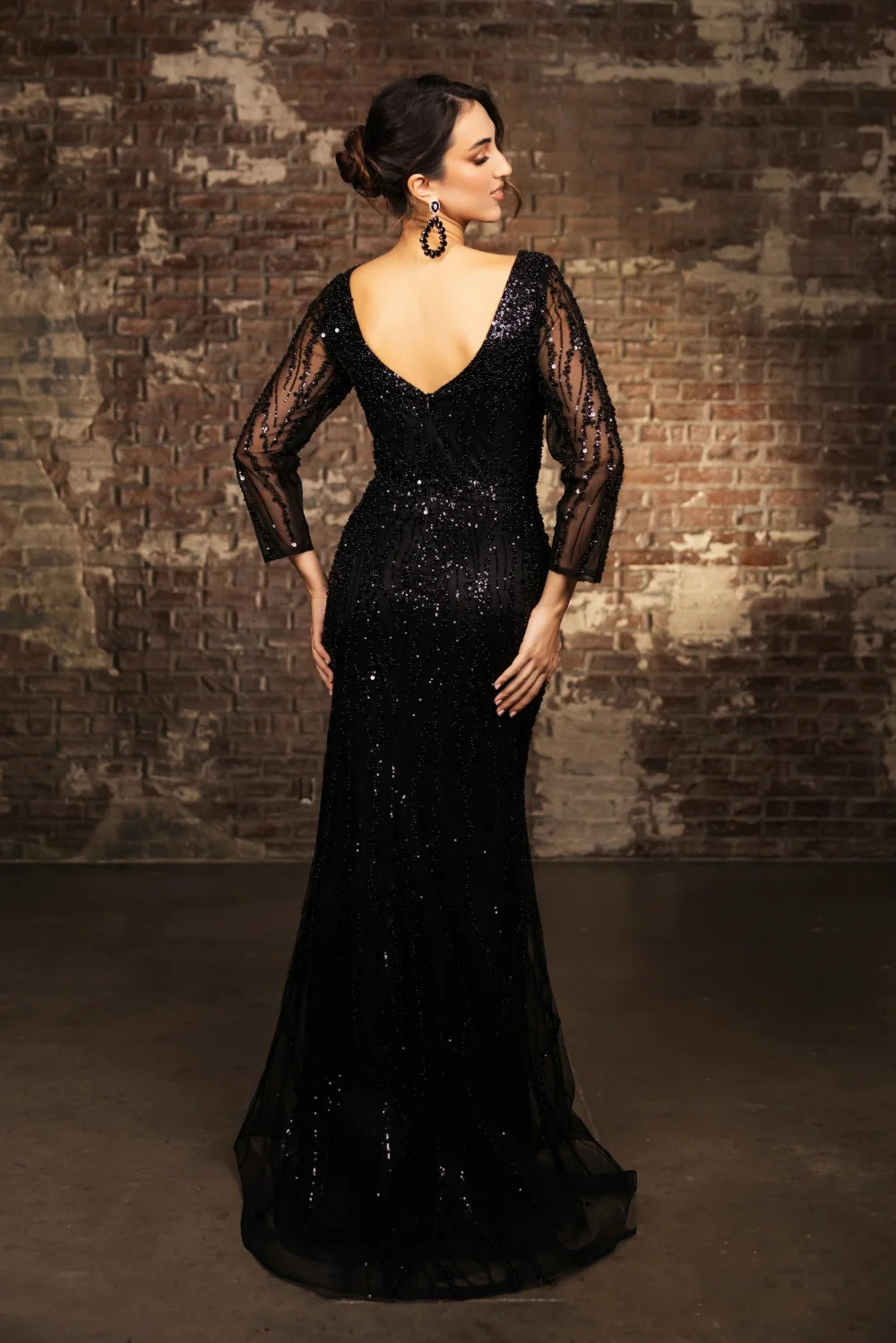 Beaded Long Sleeve Slit Gown by May Queen RQ8174
