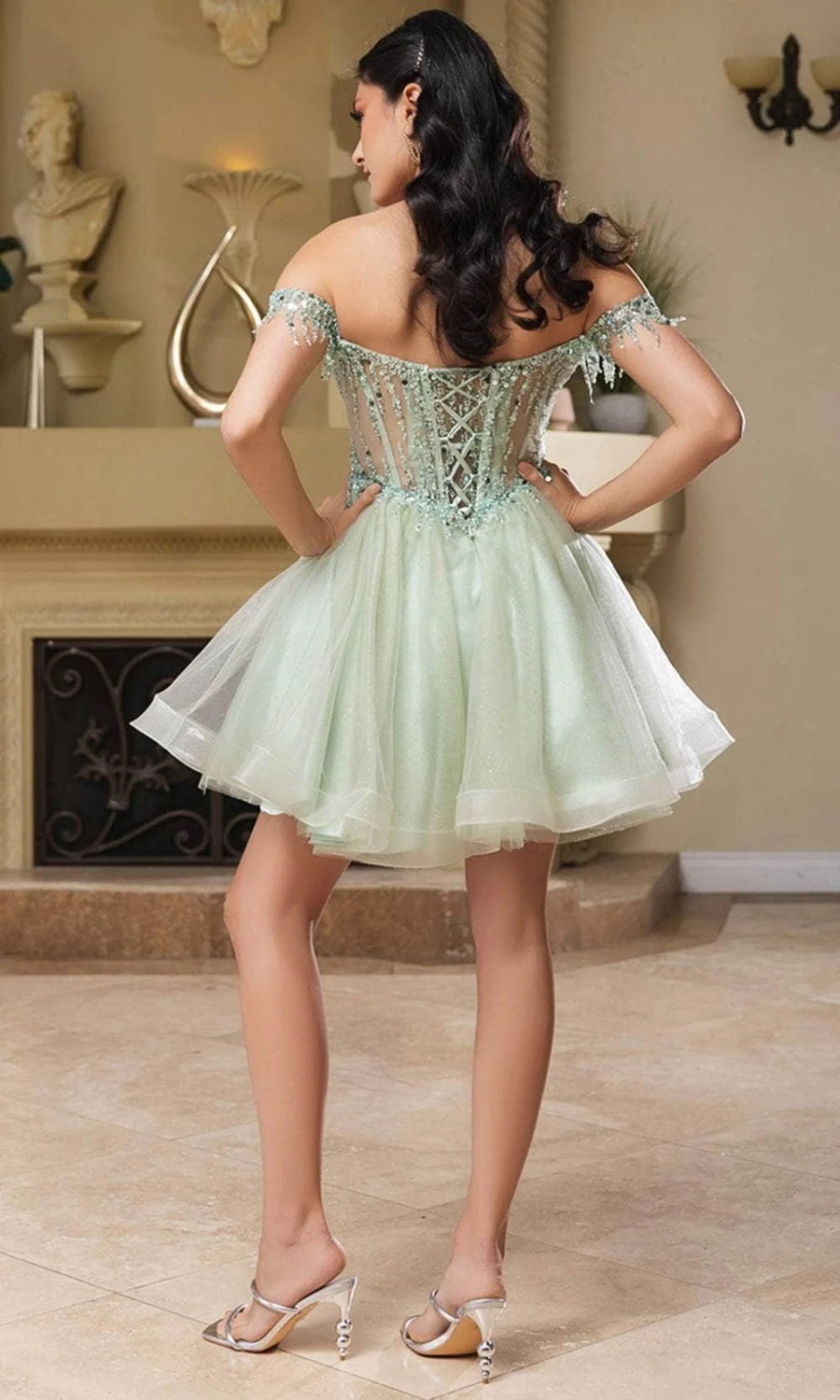 Short Off Shoulder Fringe Dress by May Queen MQ2129