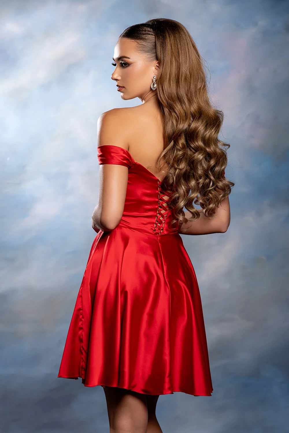 Satin Short Off Shoulder Dress by May Queen MQ2245