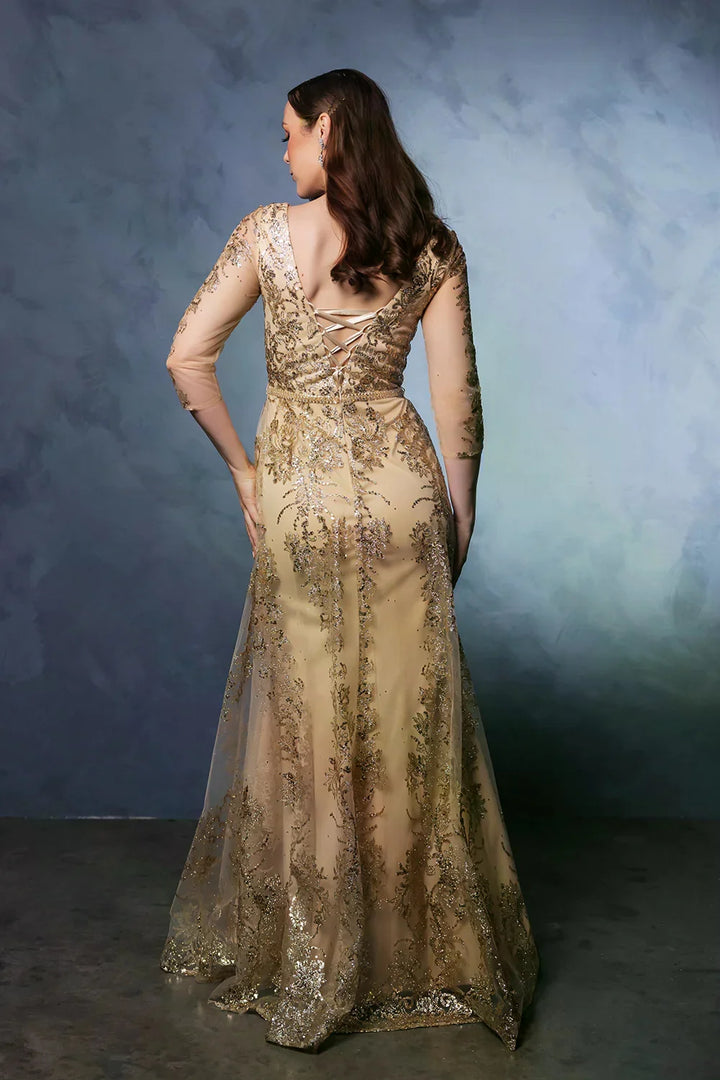 Glitter Long Sleeve Overskirt Gown by May Queen MQ2000