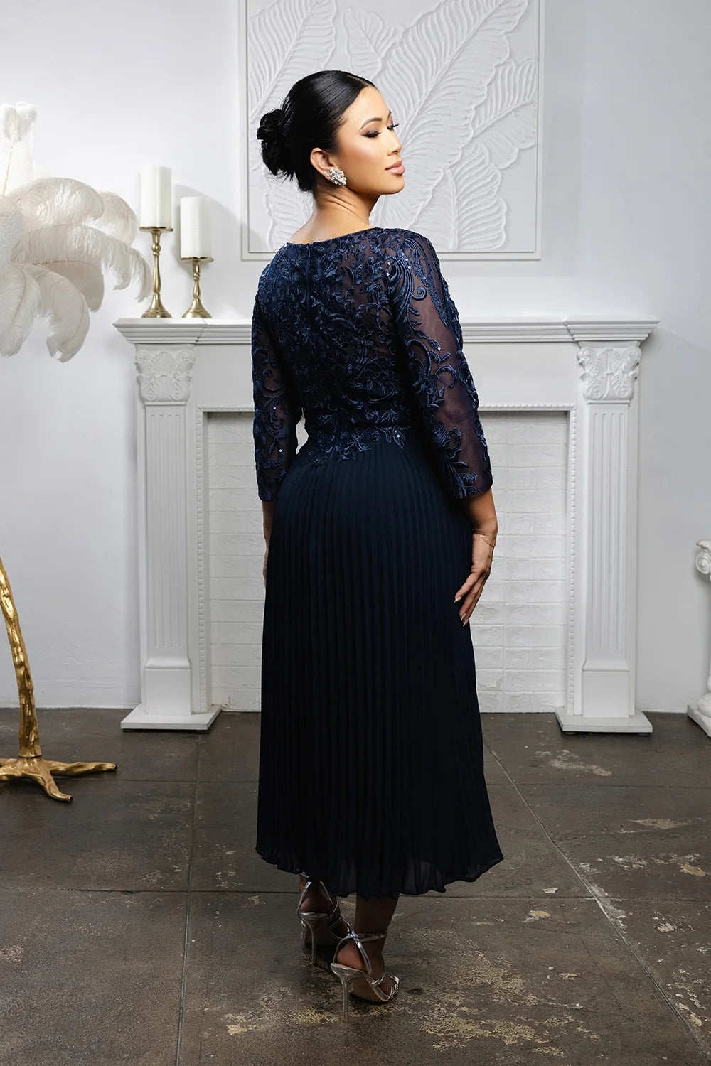 Pleated 3/4 Sleeve Tea Length Dress by May Queen MQ2189