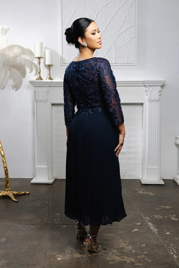 Pleated 3/4 Sleeve Tea Length Dress by May Queen MQ2189