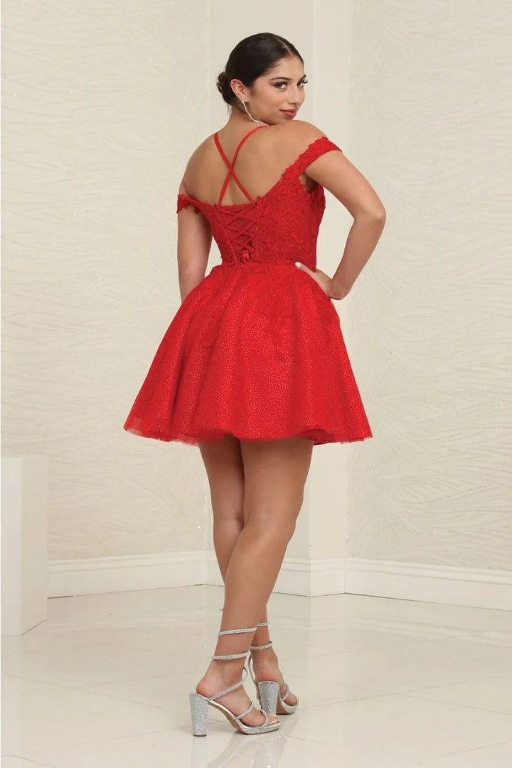 Applique Short Cold Shoulder Dress by May Queen MQ2099