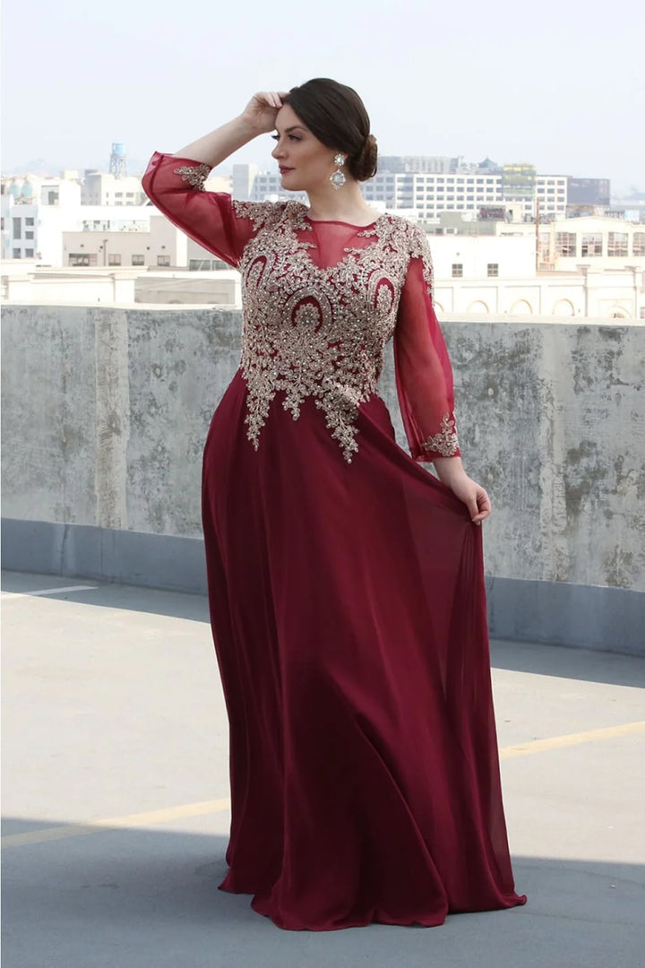 Applique Long Sleeve A-line Gown by May Queen MQ1549