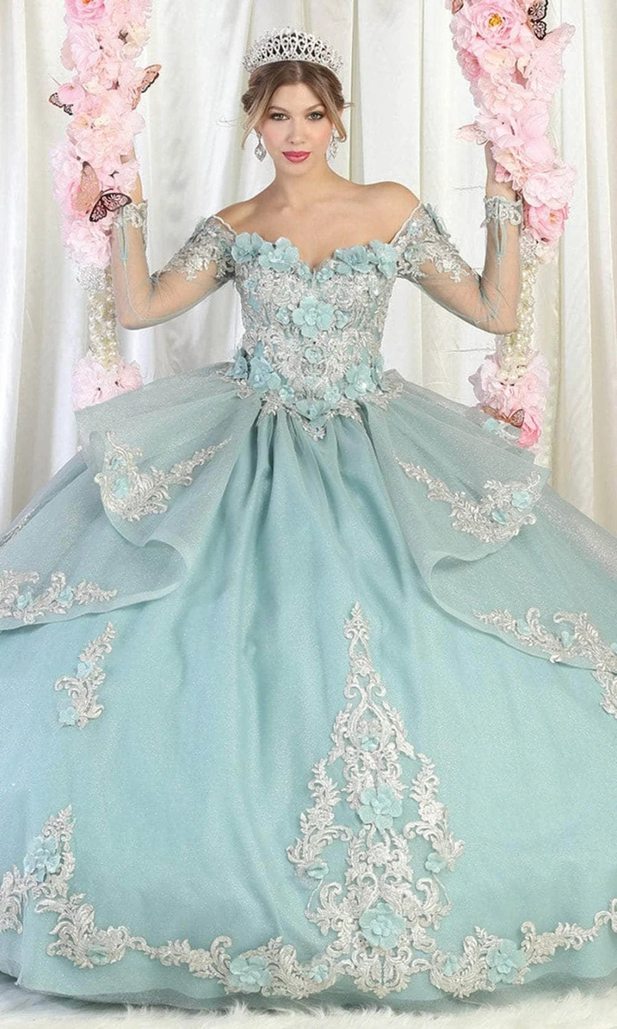 Off Shoulder Long Sleeve Ball Gown by May Queen LK189