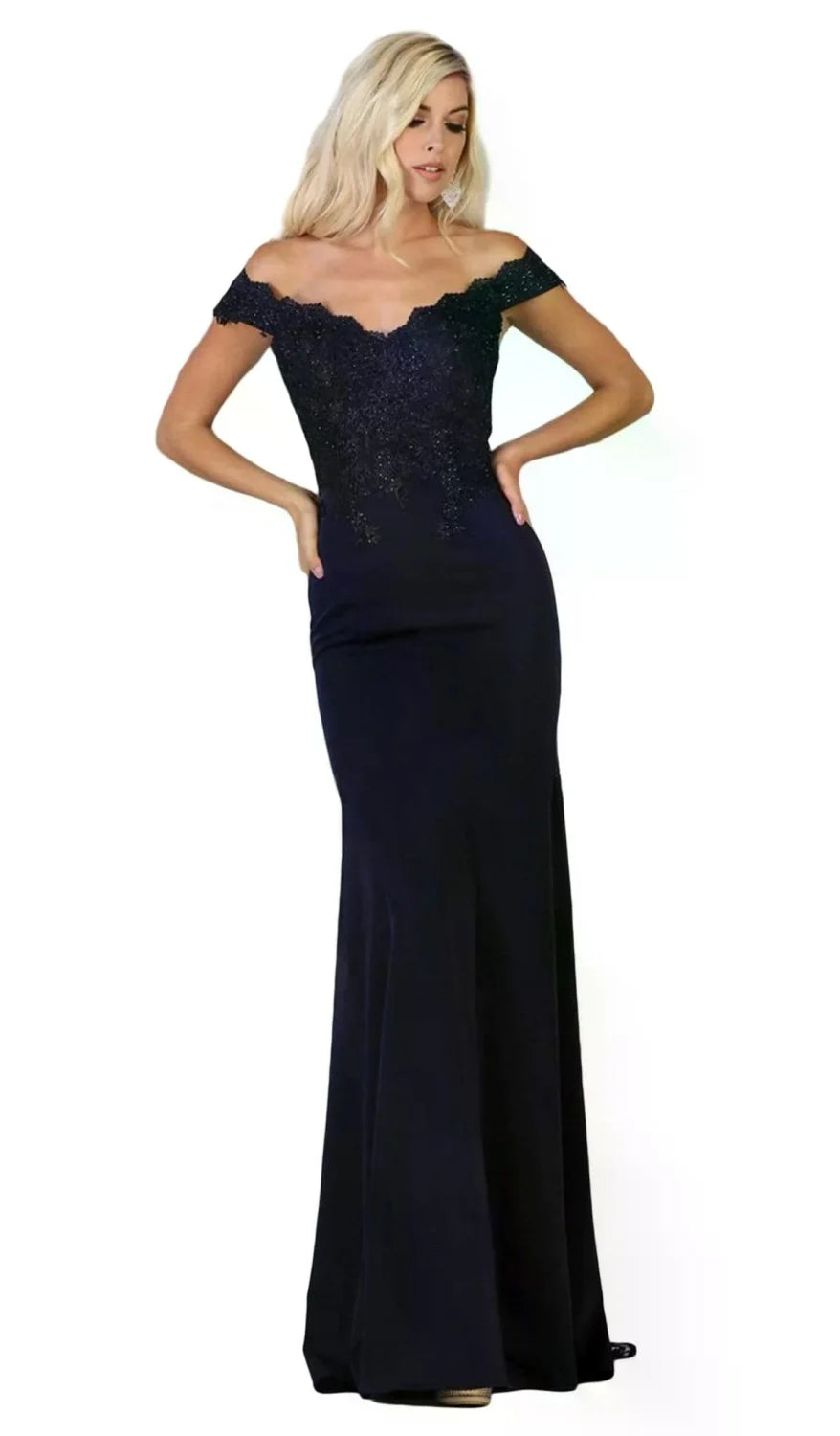 Applique Off Shoulder Gown by May Queen MQ1675