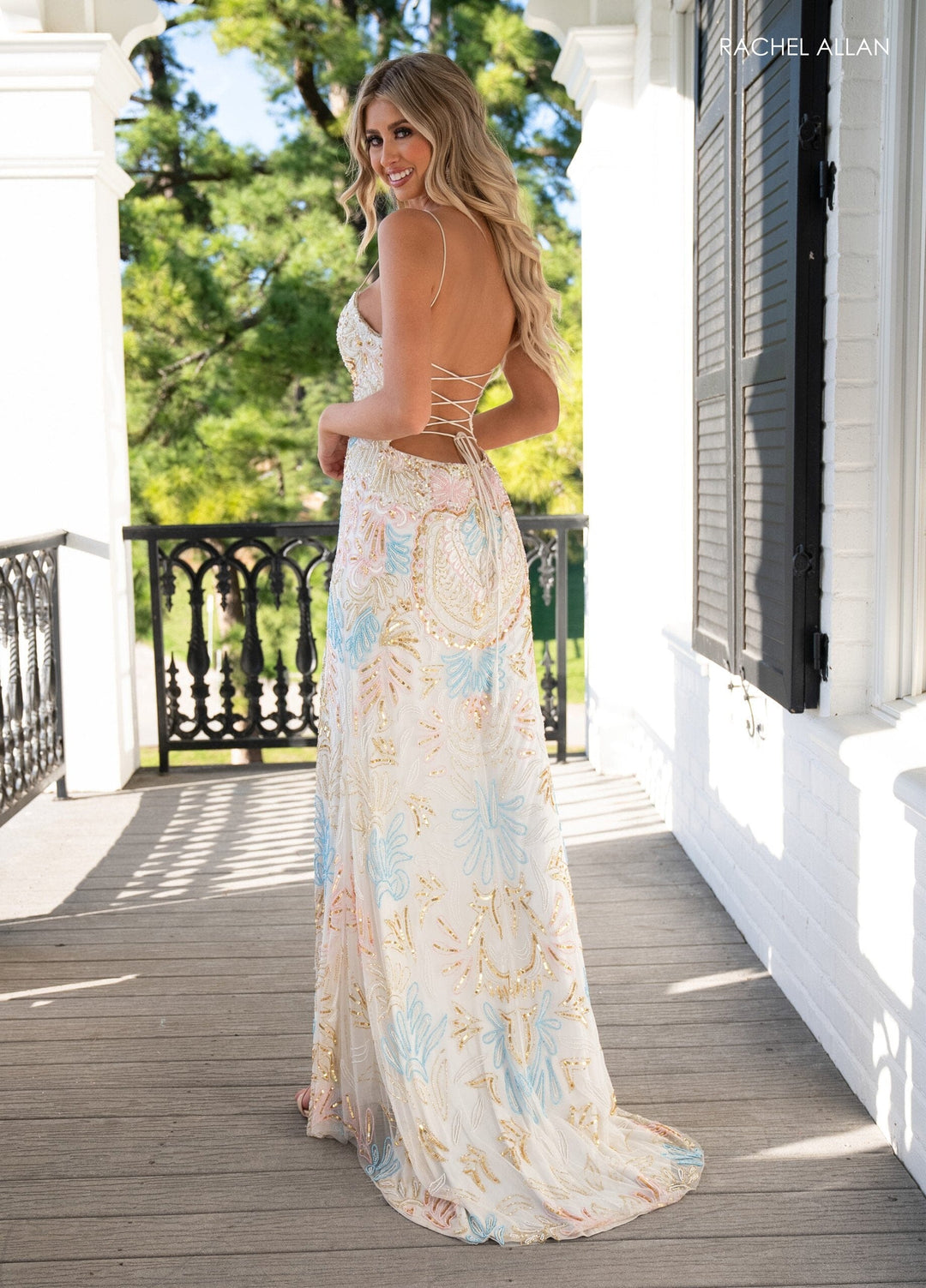 Bead Print Sleeveless Slit Gown by Rachel Allan 70002 10 / Purple Bead Print Sleeveless Slit Gown by Rachel Allan 70002 10 / Purple