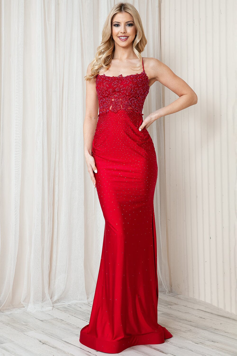 Beaded Applique Sleeveless Gown by Amelia Couture TM1001