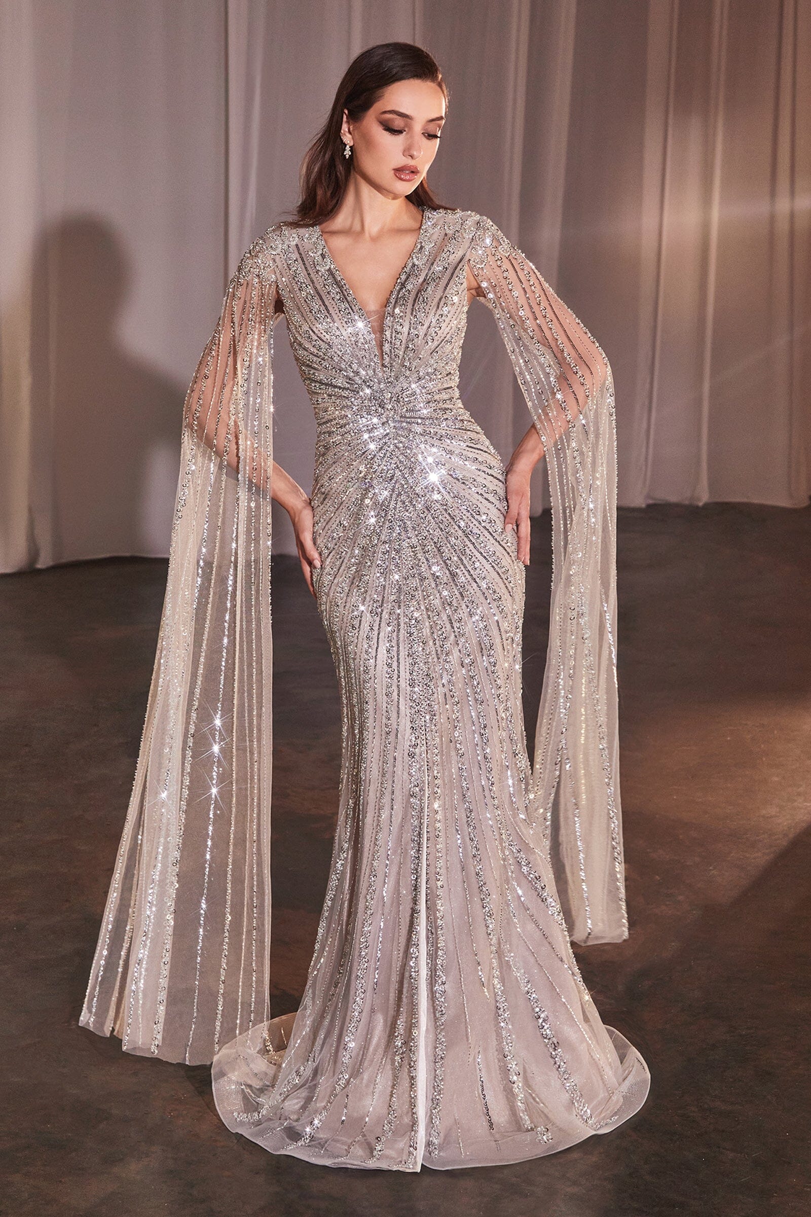 Beaded Cape Sleeve Slit Gown by Ladivine CD0239 – ABC Fashion
