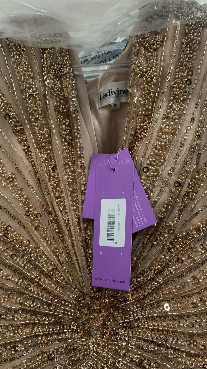 Beaded Cape Sleeve Slit Gown by Ladivine CD0239