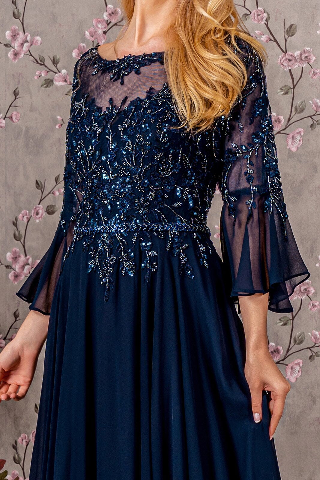 Beaded Chiffon 3/4 Sleeve A-Line Gown by GLS Gloria GL3434 S / Mauve Beaded Chiffon 3/4 Sleeve A-Line Gown by GLS Gloria GL3434 S / Mauve