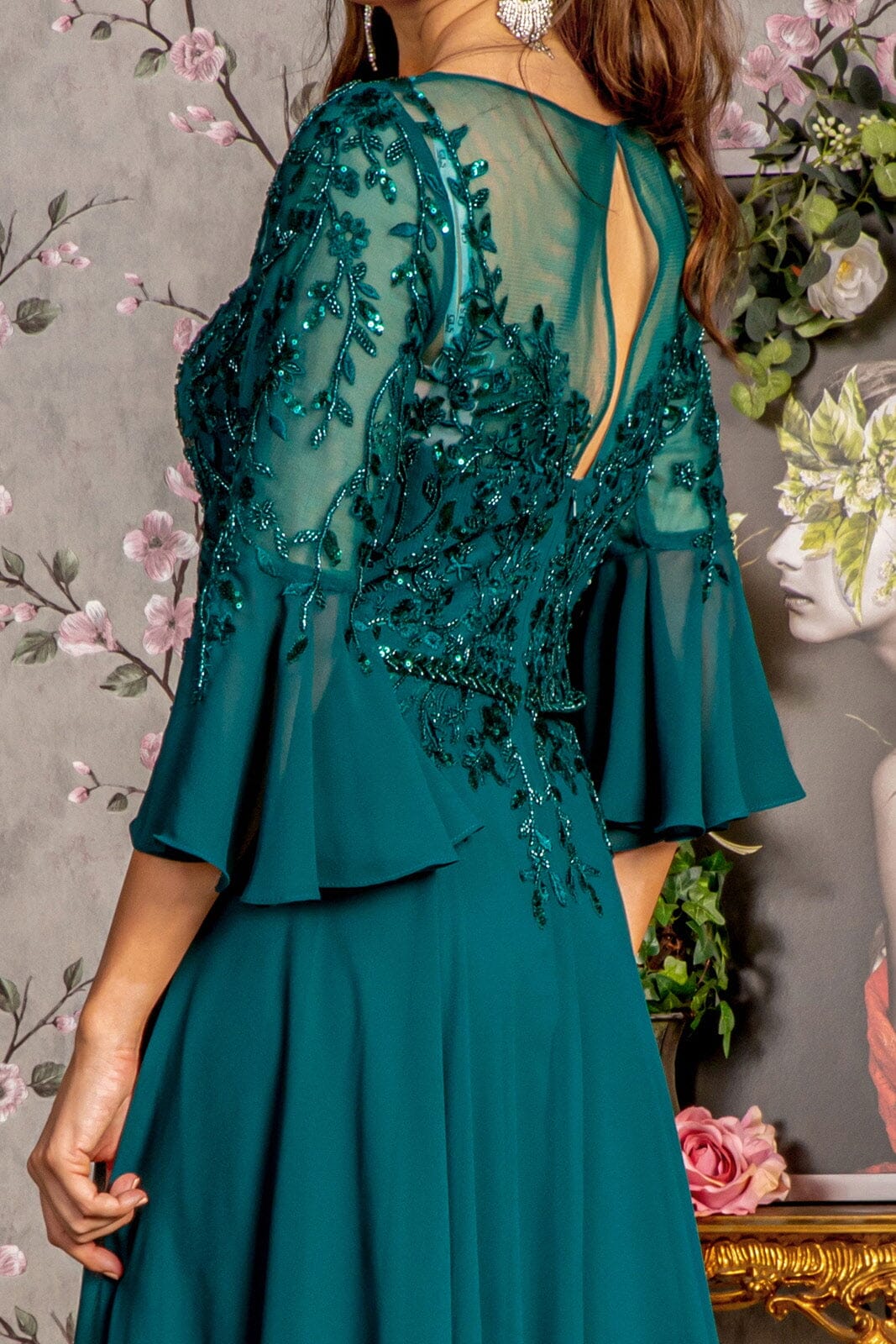 Beaded Chiffon 3/4 Sleeve A-Line Gown by GLS Gloria GL3434 S / Mauve Beaded Chiffon 3/4 Sleeve A-Line Gown by GLS Gloria GL3434 S / Mauve