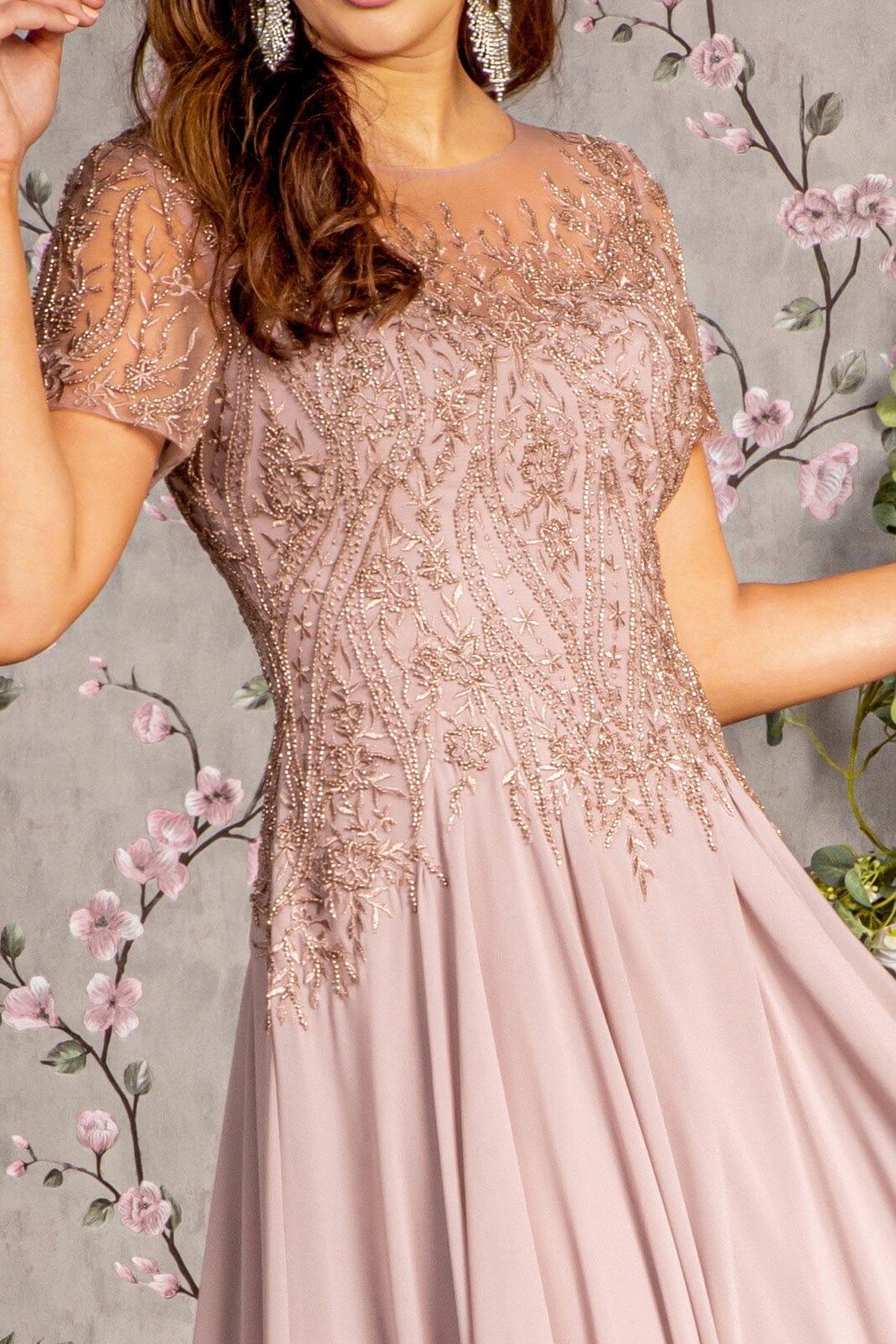 short sleeve beaded dress Hand Beaded Short Sleeve Floral Godet Gown In Frosted Sage