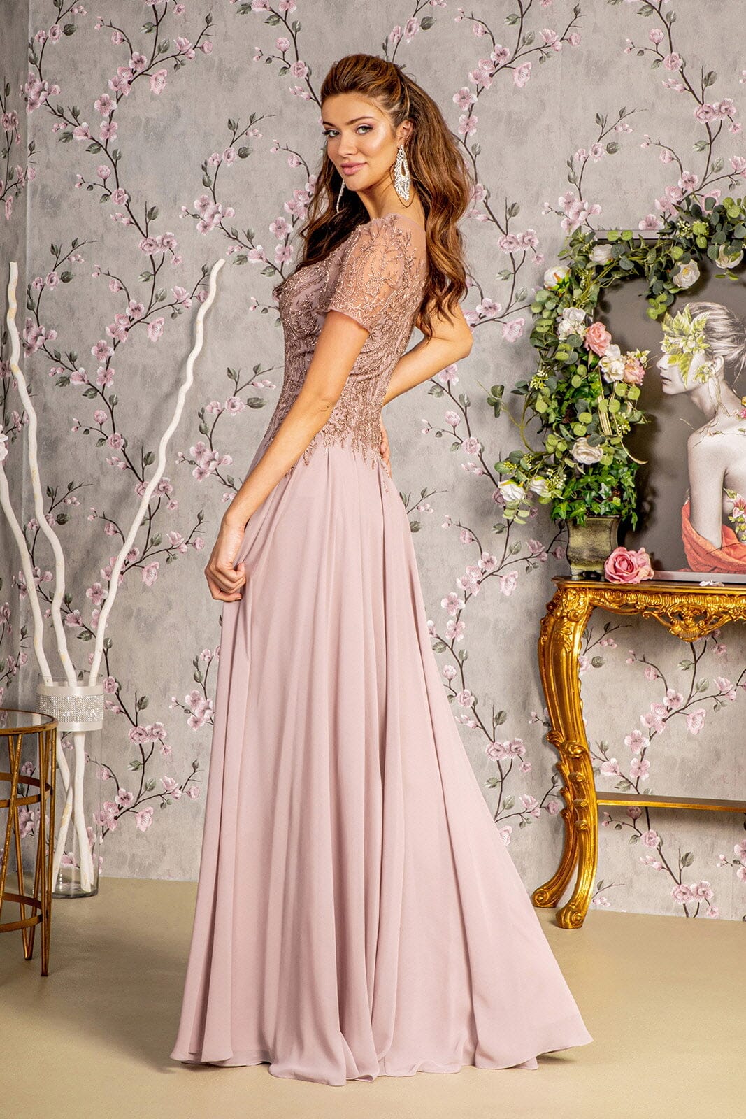 Beaded Chiffon Short Sleeve Gown by GLS Gloria GL3492 3XL / Mauve Beaded Chiffon Short Sleeve Gown by GLS Gloria GL3492 3XL / Mauve